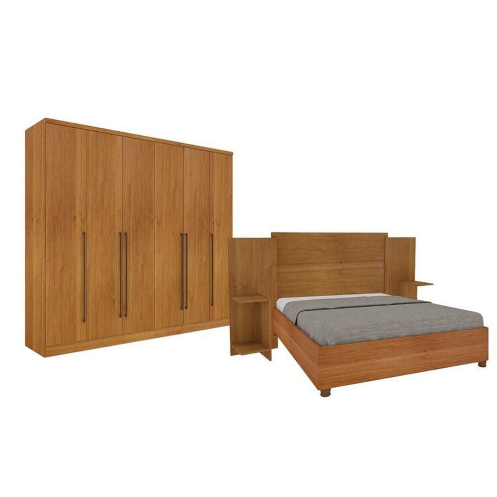 Quarto De Casal Guarda-Roupa 6 Portas Portugal E Cama Box Casal Monaco Queen Com Painel Espresso Móveis Cinamomo