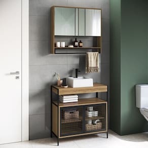 Gabinete de Banheiro Industrial de Chão 80cm P1038 com Cuba Sobrepor e Espelheira Preto/Mel