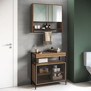 Gabinete de Banheiro Industrial de Chão 80cm P1038 sem Cuba e Espelheira Preto/Mel
