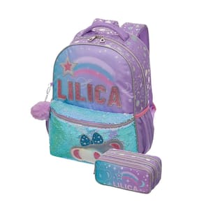 Kit Mochila Costas Lilica Ripilica Lantejoula Estojo Triplo