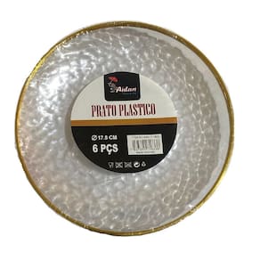 Kit 6 Pratos Jantar Redondo Acrílico Borda Dourado 17Cm