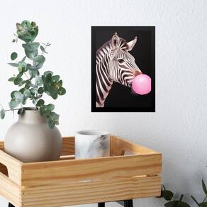 Quadro Zebra Bubble Gum - Fundo Preto 45X34Cm - Com Vidro