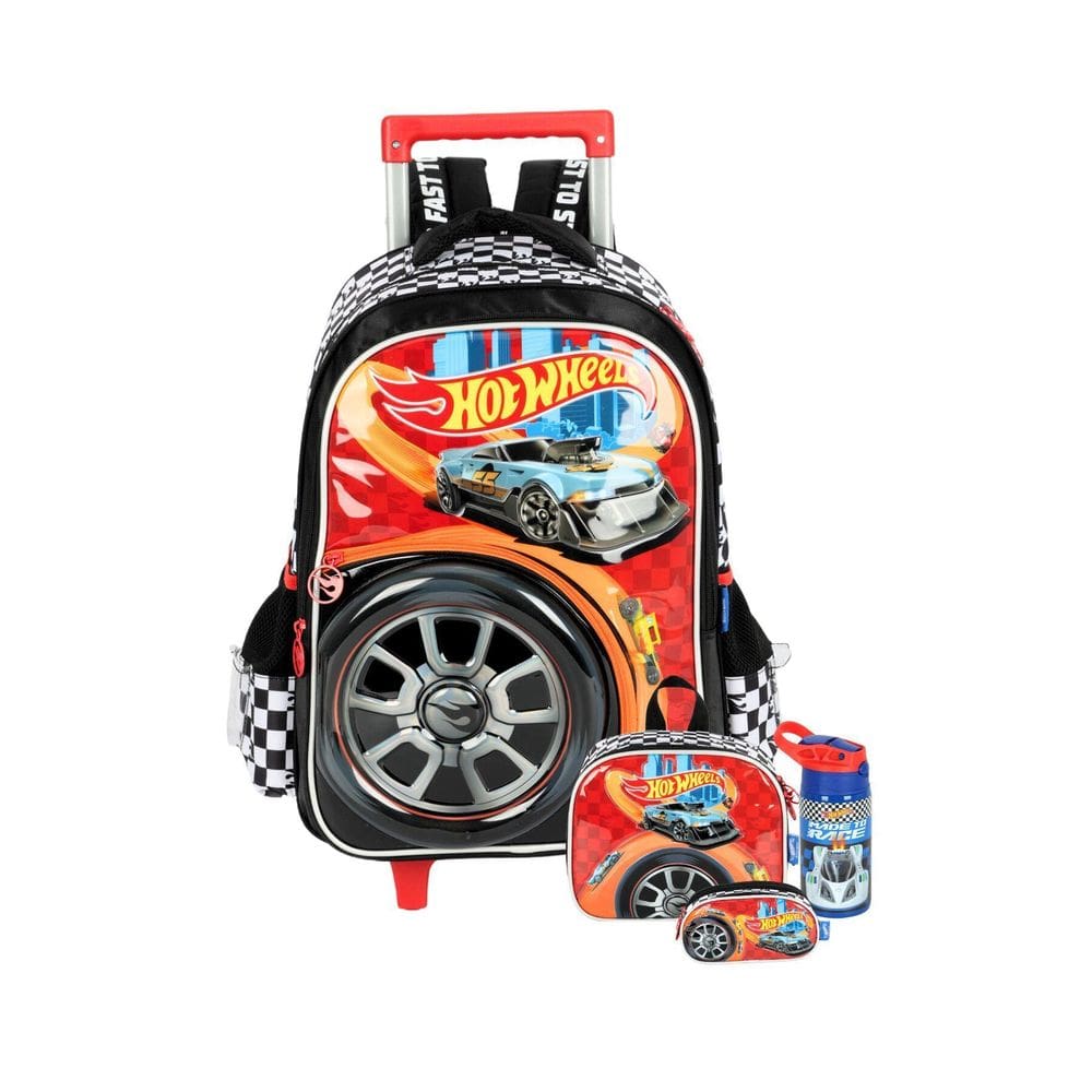 Kit Mochila Rodas+Lancheira+Estojo+Garrafa Hotwheels - Preto