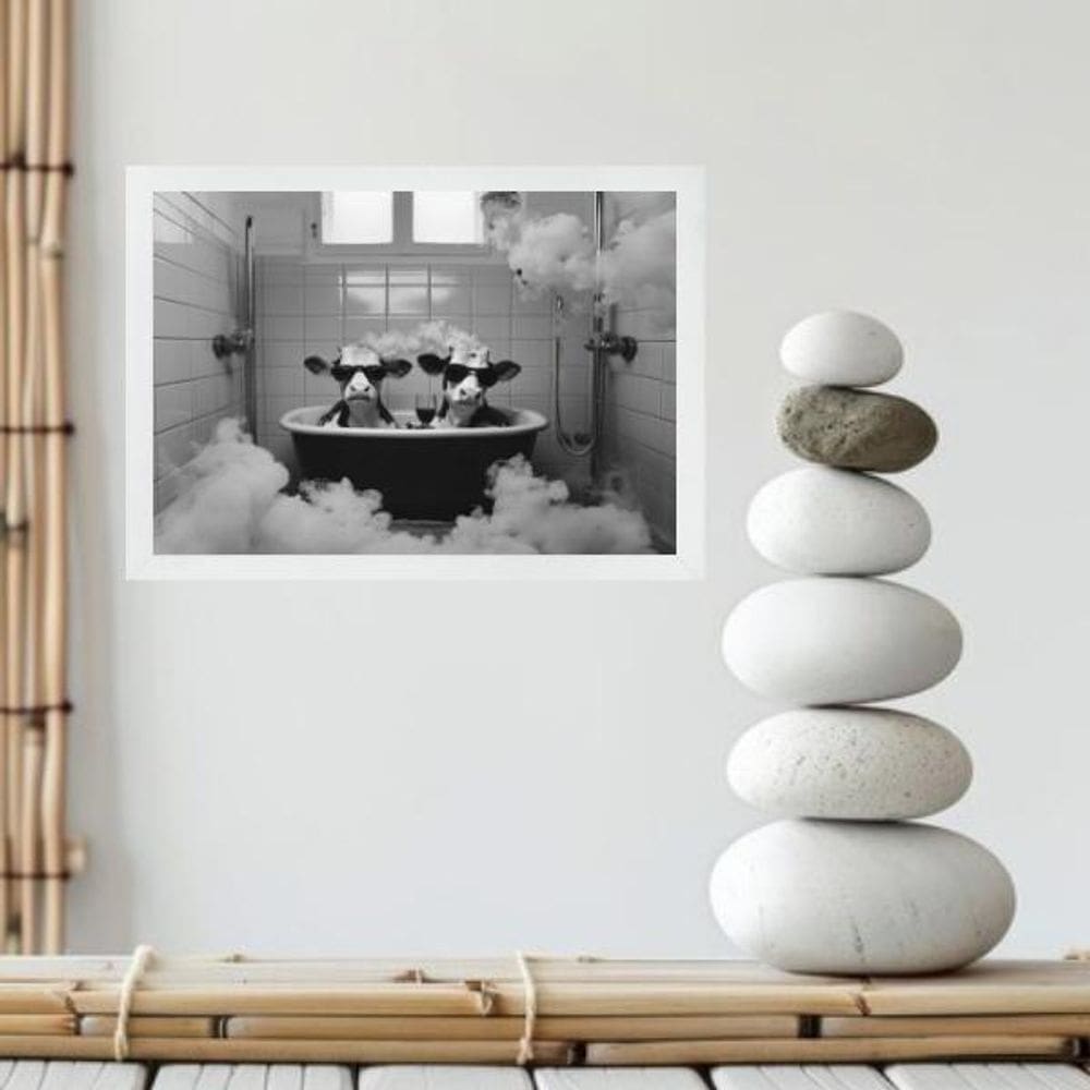 Quadro Banheiro Vacas Tomando Banho 24X18Cm - Com Vidro