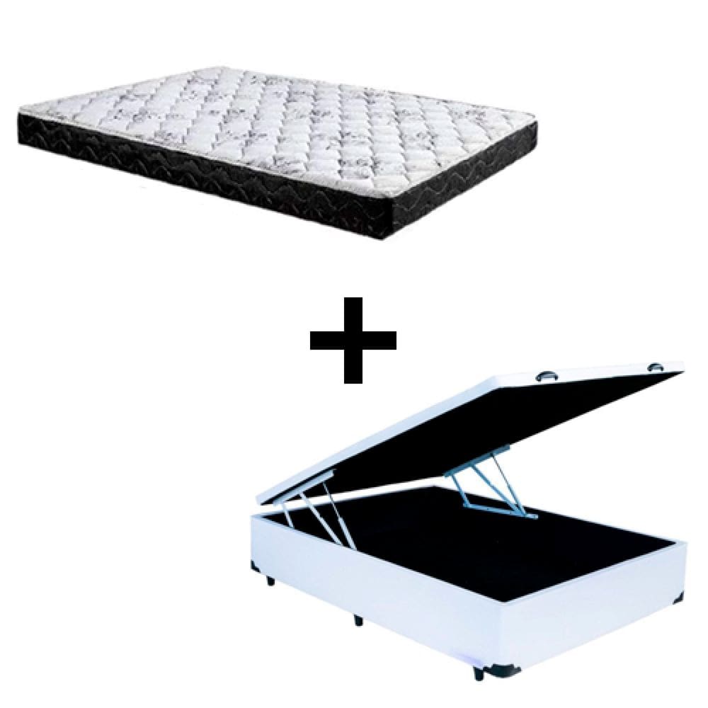 Cama Box Baú Casal 138 Sintético Branco Com Colchão Green Bello Box Espuma D28 Preto 49x138x188