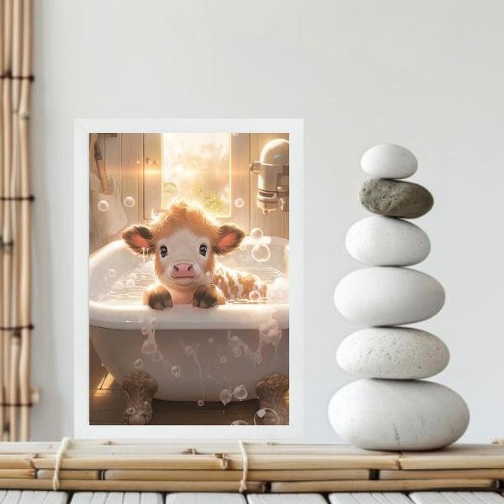 Quadro Banheiro Bezerro Tomando Banho 24X18Cm - Com Vidro