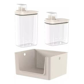 Kit Para Lavanderia Com Cesto E 2 Dispenser Ou - Bege - Liso