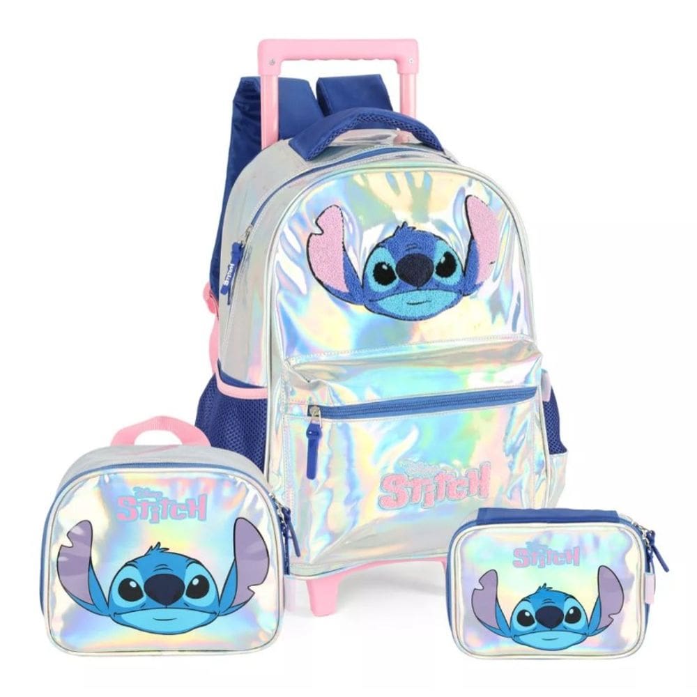 Kit Mochila de Rodinhas Holográfica Stitch Lancheira e Estojo - Luxcel