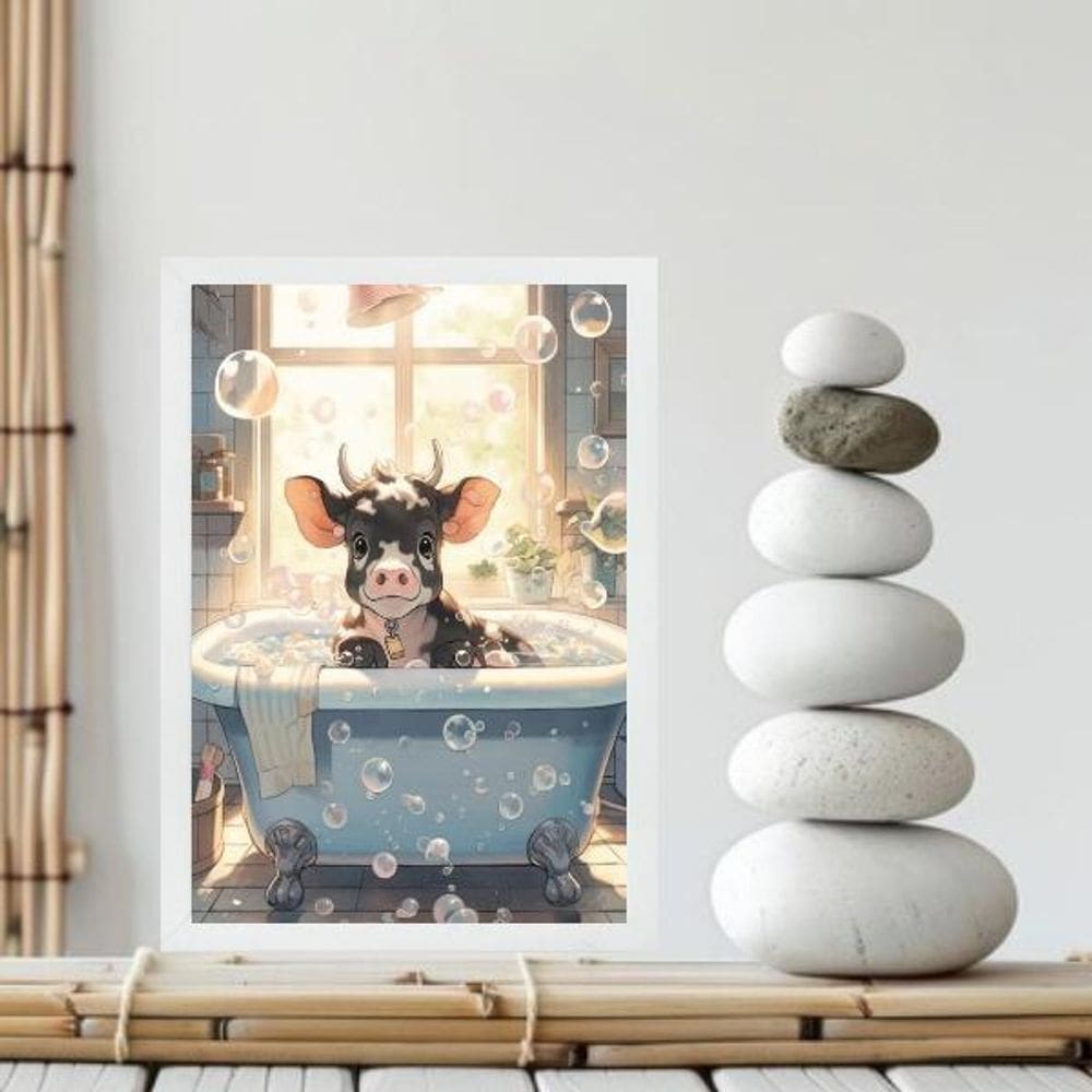 Quadro Banheiro Vaquinha Bolhas Sabão 24X18Cm - Com Vidro
