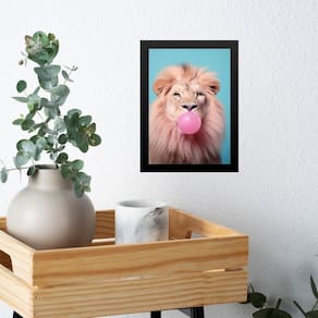 Quadro Leão Bubble Gum Azul E Rosa 45X34Cm - Com Vidro