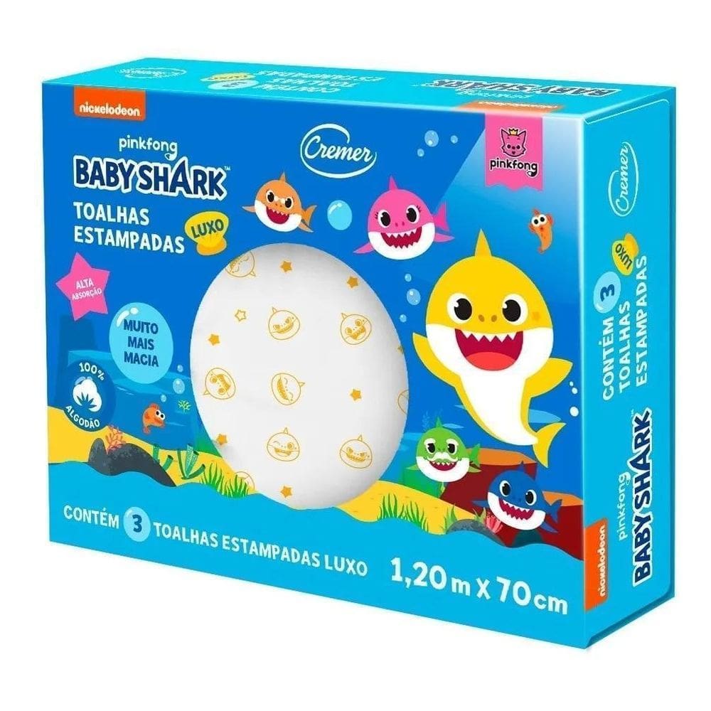 Caixa 3 Toalha Fralda 70X120Cm Baby Shark Cremer