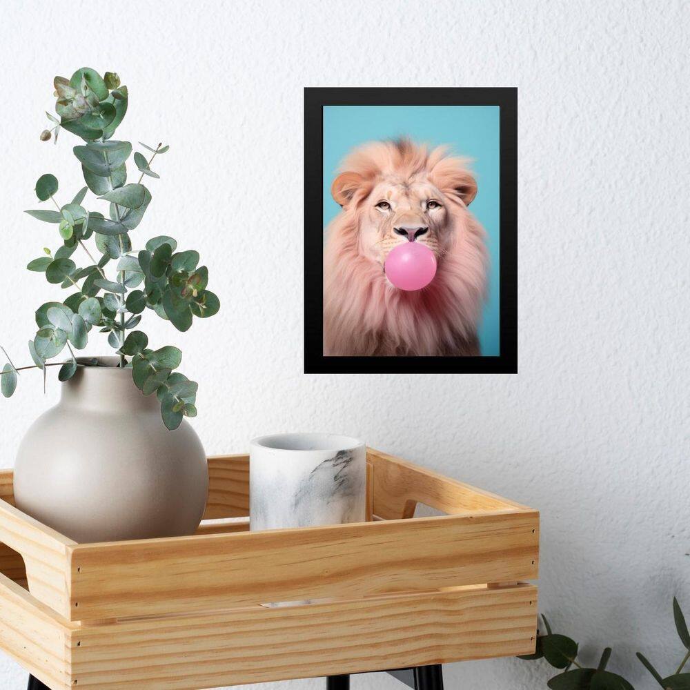 Quadro Leão Bubble Gum Azul E Rosa 45X34Cm - Com Vidro