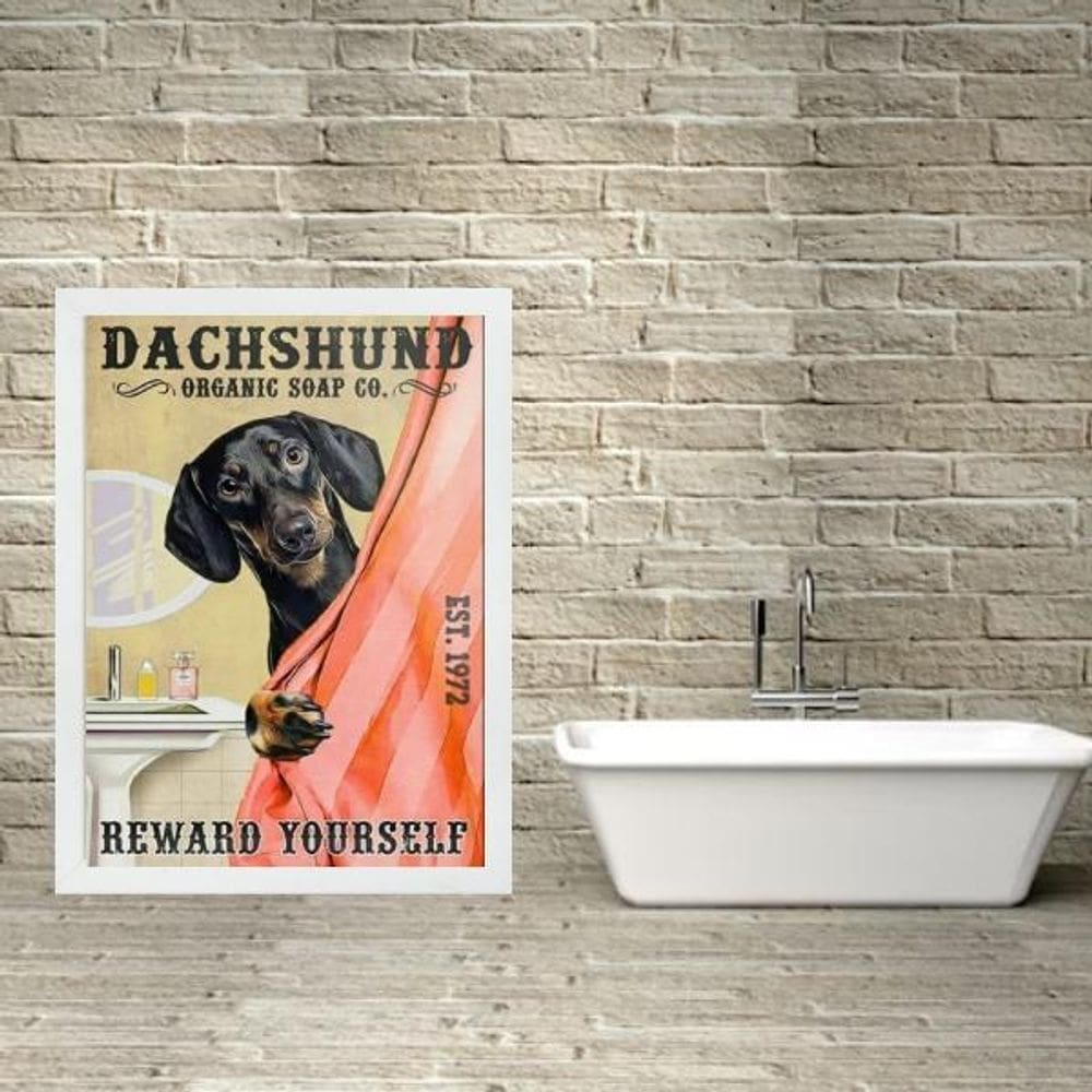 Quadro Para Banheiro Dachshund - Cortina 33X24Cm - Com Vidro
