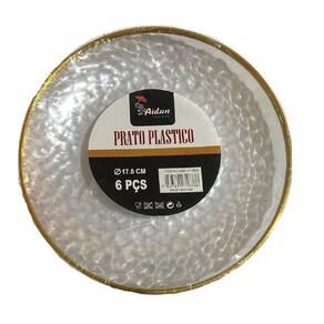 Kit 6 Pratos Redondo Acrílico Borda Dourado 17Cm Natal