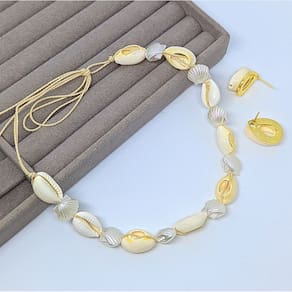 Kit Conjunto Colar Choker Feminino e Par de Brincos Conchas Artesanal praiano Pérolas Búzios Estrela do mar Moda Praia