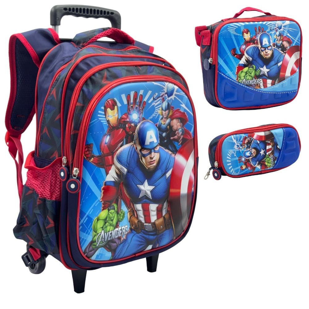 Mochila Rodinha + lancheira térmica + estojo Vingadores 3D