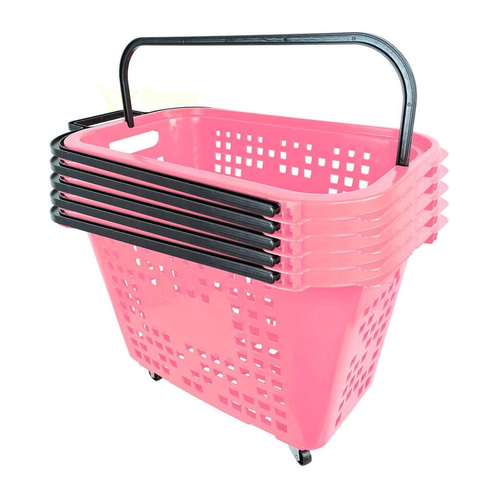 Kit 5 Cestas De Compras Com Rodas 40L Rosa