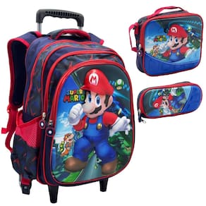 Mochila Rodinha +lancheira térmica + estojo Mário 3D