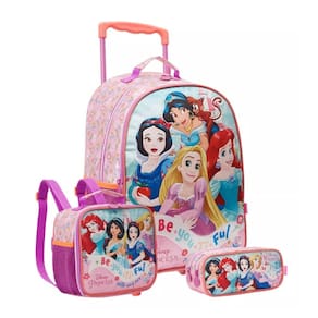 Kit Mochila com Rodas Princesas Disney 16 Lancheira E Estojo Escolar