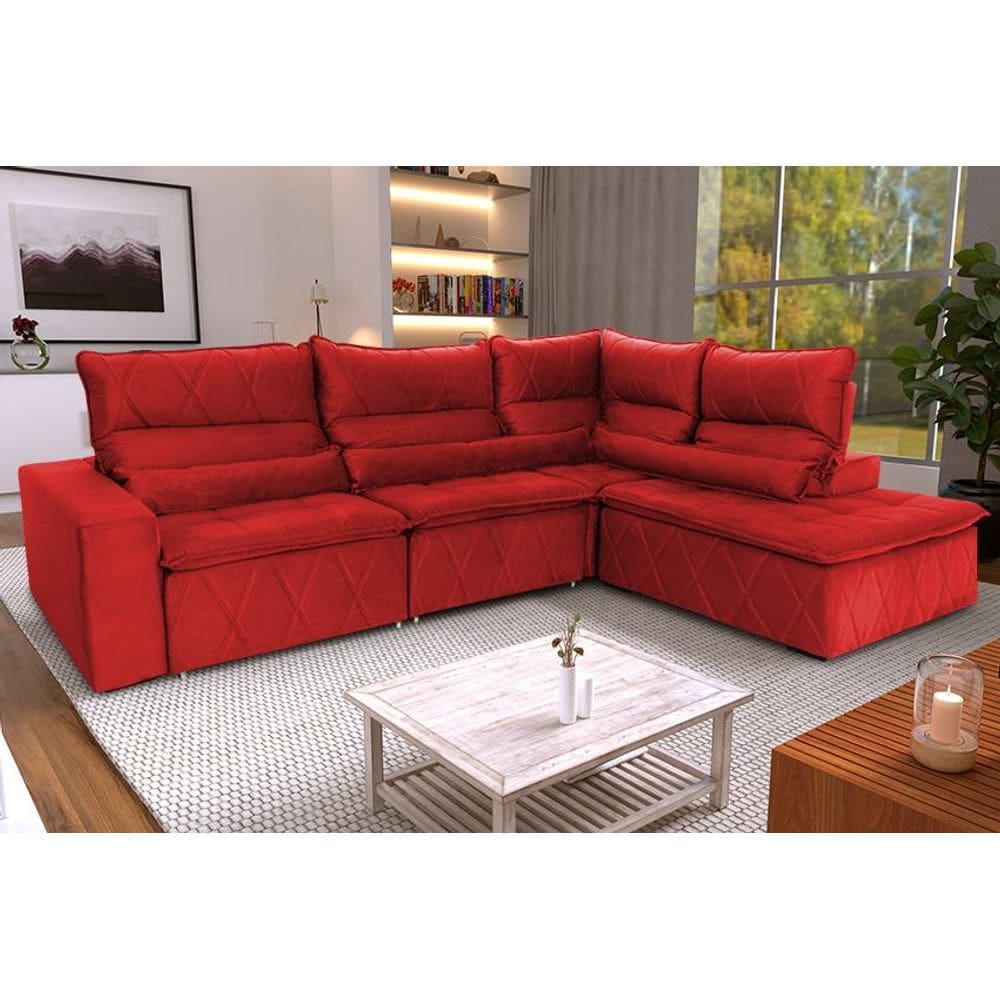 Sofá De Canto Amsterdam Vermelho Molas Retrátil Reclinável-KingHouse