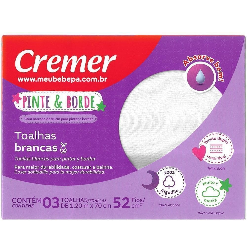 Caixa Toalha Fralda Com 3Un Pinte E Borde Cremer Luxo Branca