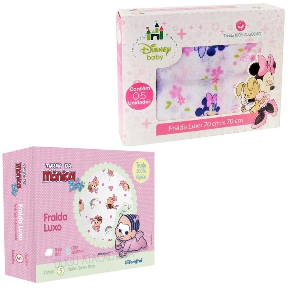 Caixa Com 10 Fralda De Pano 70X70 Turma Da Mônica E Minnie