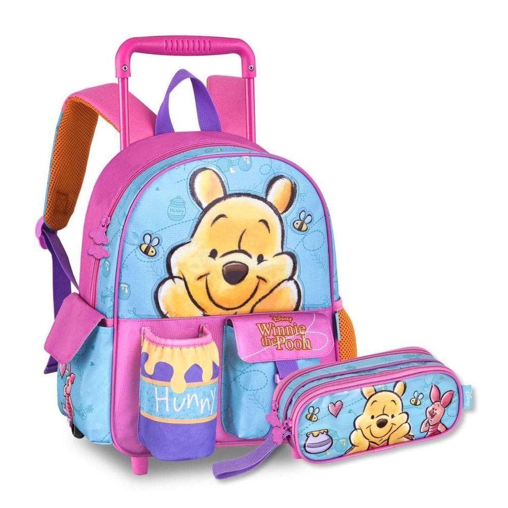 Kit Escolar Mochila Carrinho Com Estojo Duplo Ursinho Pooh