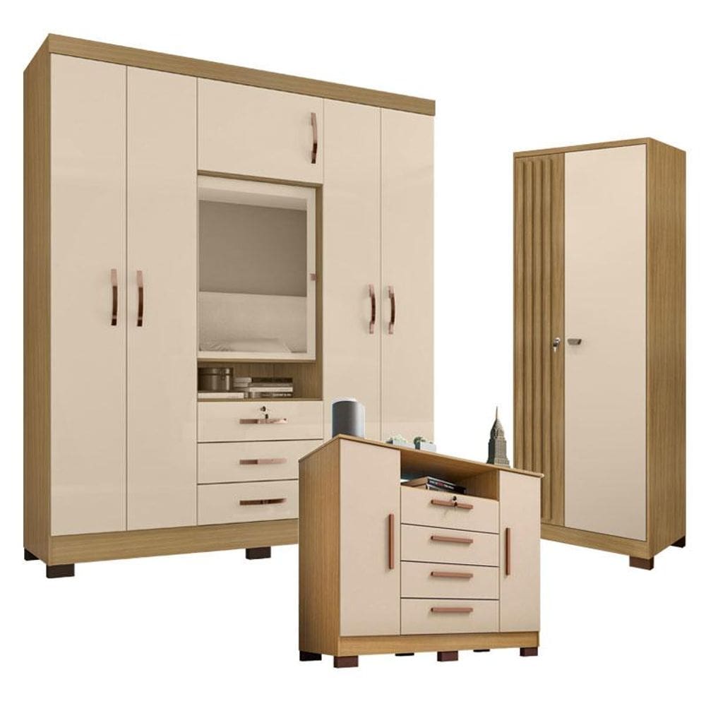 Guarda Roupa Casal Imperial e Cômoda Madri com Armário Multiuso Versatile Carvalho Americano Off White - Incorplac
