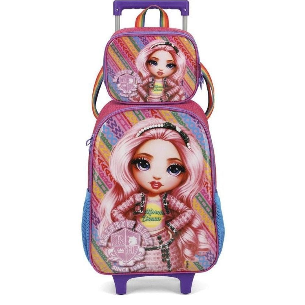 Kit Mochila de Rodinhas Lancheira Luxcel Rainbow High Pink