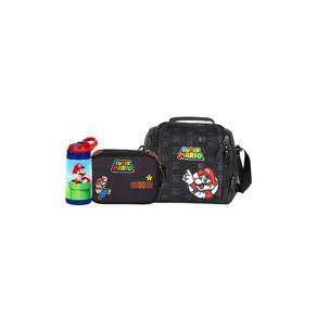 Kit Super Mario Lancheira + Estojo Box + Garrafa - Marrom