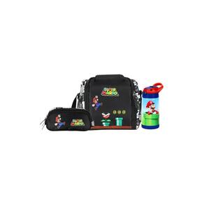 Kit Super Mario Lancheira + Estojo + Garrafa - Preto
