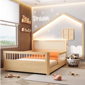 Conjunto Cama Casal Montessoriana Wave Reversivel  e Moldura com LED Dream Decor Casatema Natural / Branco