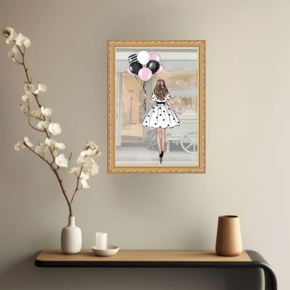 Quadro Decorativo Moça Balões 45X34Cm - Com Vidro