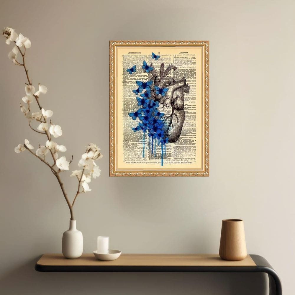 Quadro Decorativo Coração Borboletas Azuis Vintage 33X24Cm