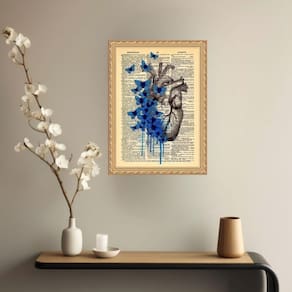 Quadro Decorativo Coração Borboletas Azuis Vintage 45X34Cm