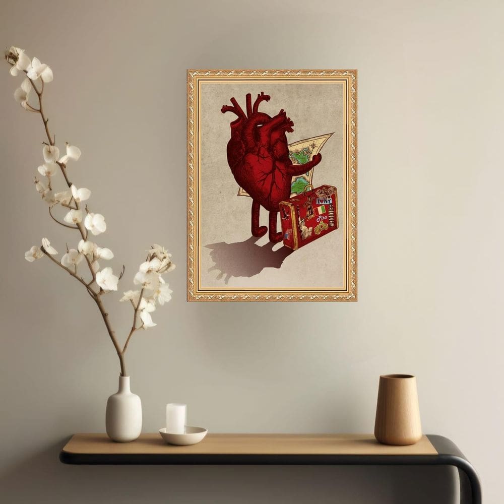 Quadro Decorativo Coração Viajante 45X34Cm - Com Vidro