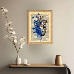 Quadro Decorativo Coração Borboletas Azuis Vintage 33X24Cm