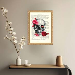 Quadro Decorativo Crânio Com Rosas 45X34Cm - Com Vidro
