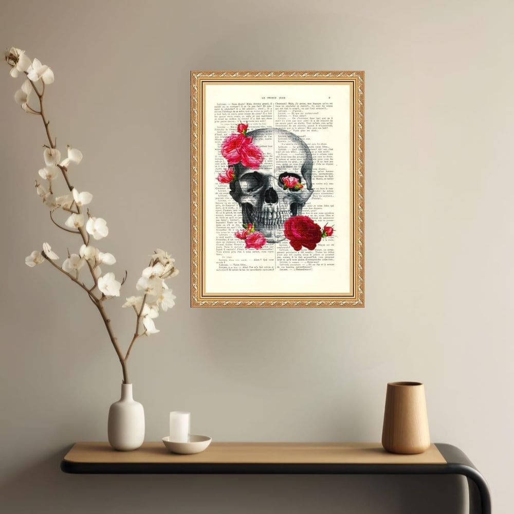 Quadro Decorativo Crânio Com Rosas 33X24Cm