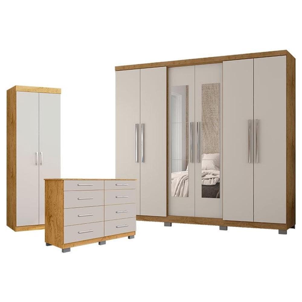 Guarda Roupa Casal Prime 7000 com New Pés e Cômoda 8050 com Multiuso 6020 Freijó Baunilha - Araplac