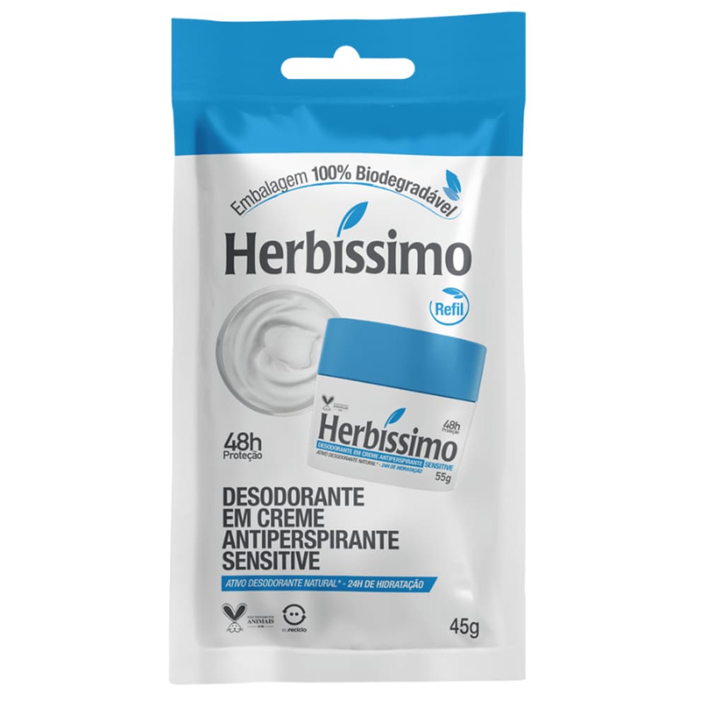 Sachê Refil Desodorante Creme Antitranspirante Sensitive Herbissimo 45G