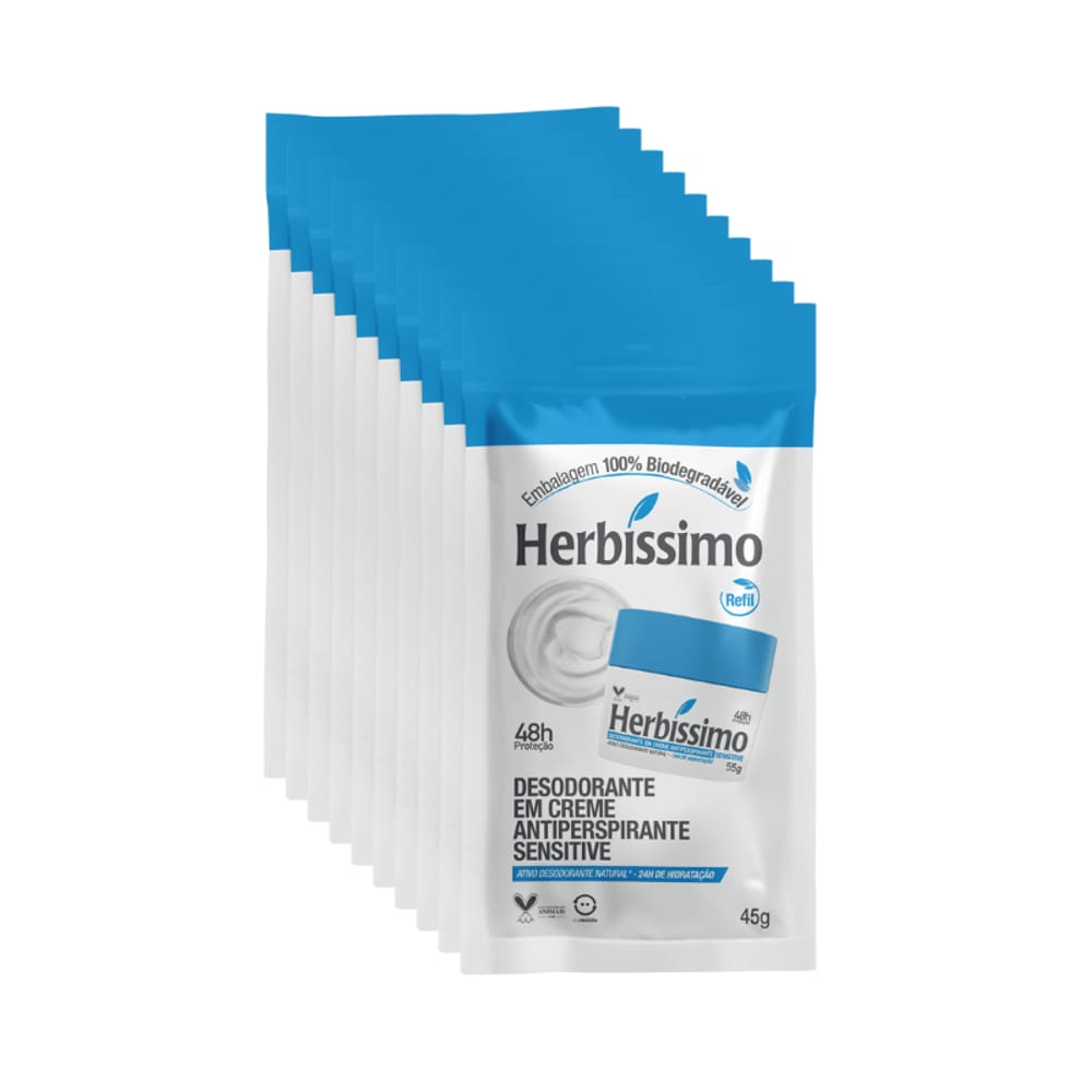 Kit c/ 10 Sachê Refil Desodorante Creme Antitranspirante Sensitive Herbissimo 45G - 10 unidades