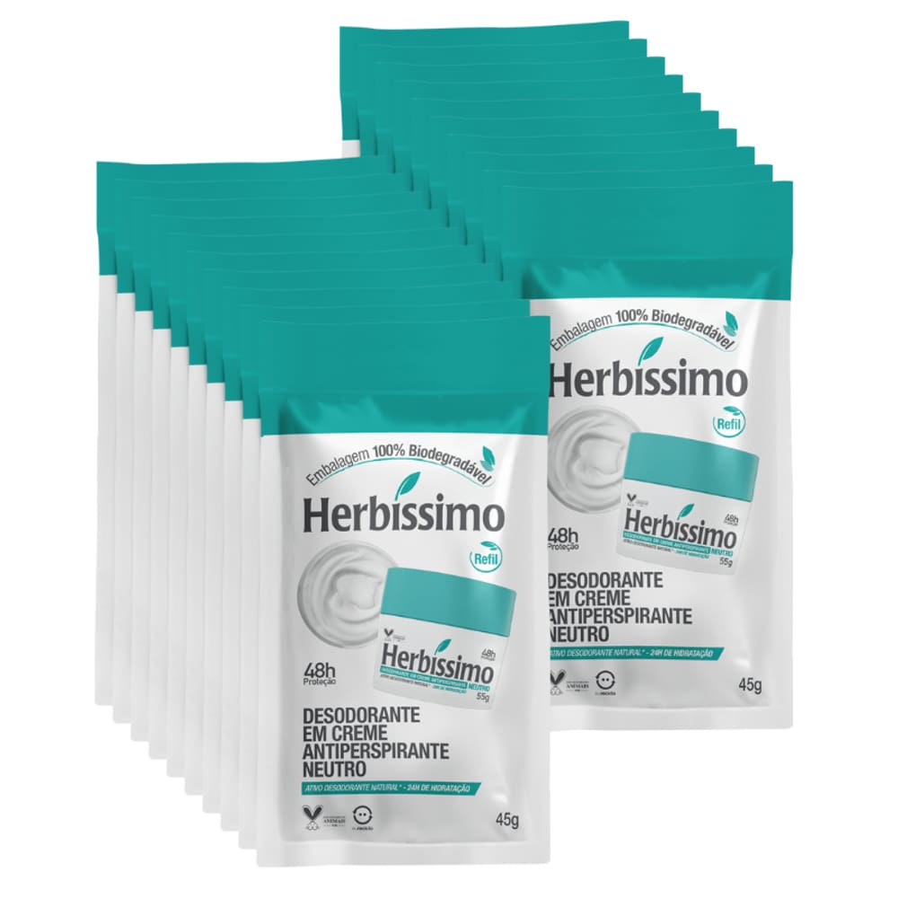 Kit c/ 20 Sachê Refil Desodorante Creme Antitranspirante Neutro Herbissimo 45G - caixa com 20 unidades