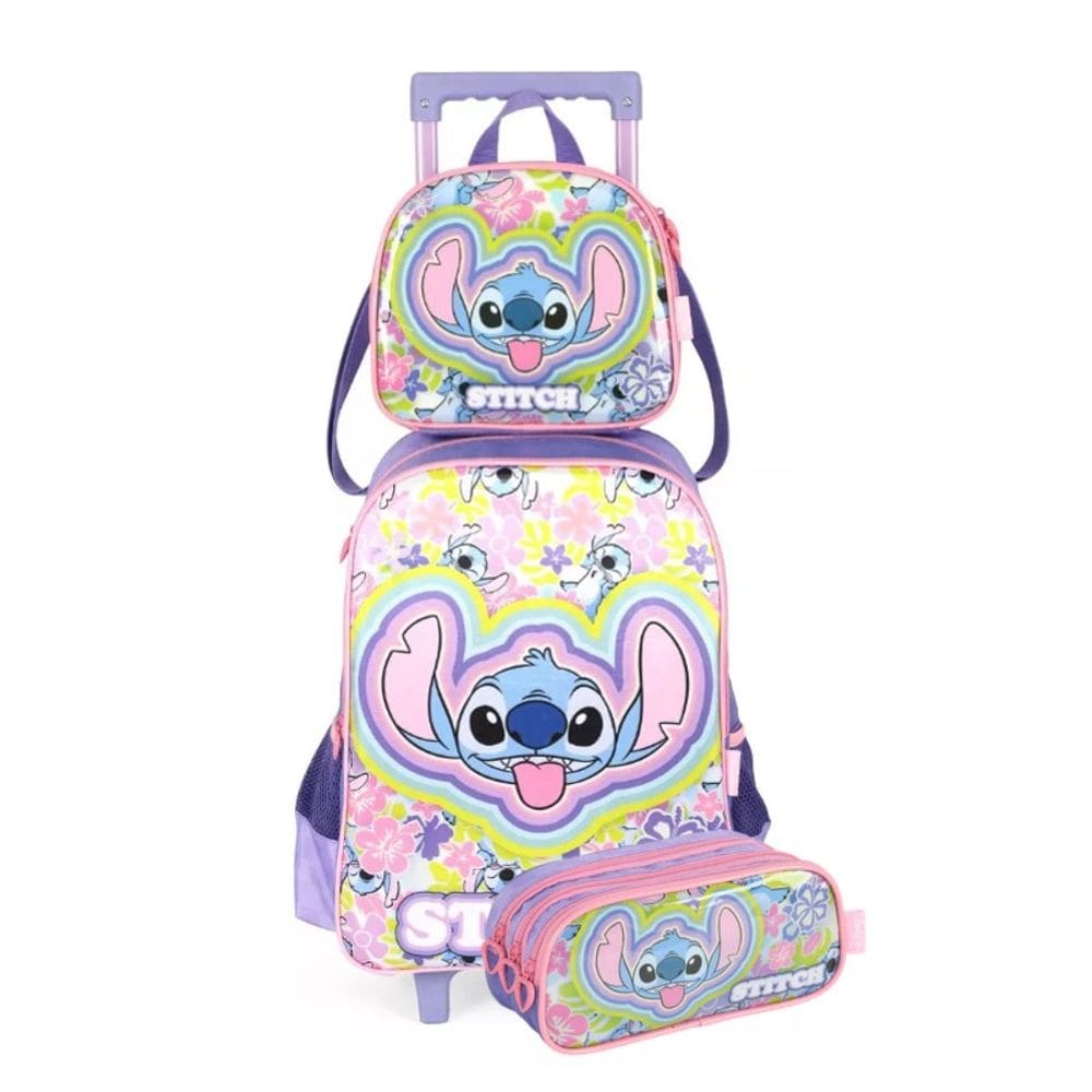 Kit Mochila de Rodinhas Infantil Stitch Lancheira e Estojo Verde