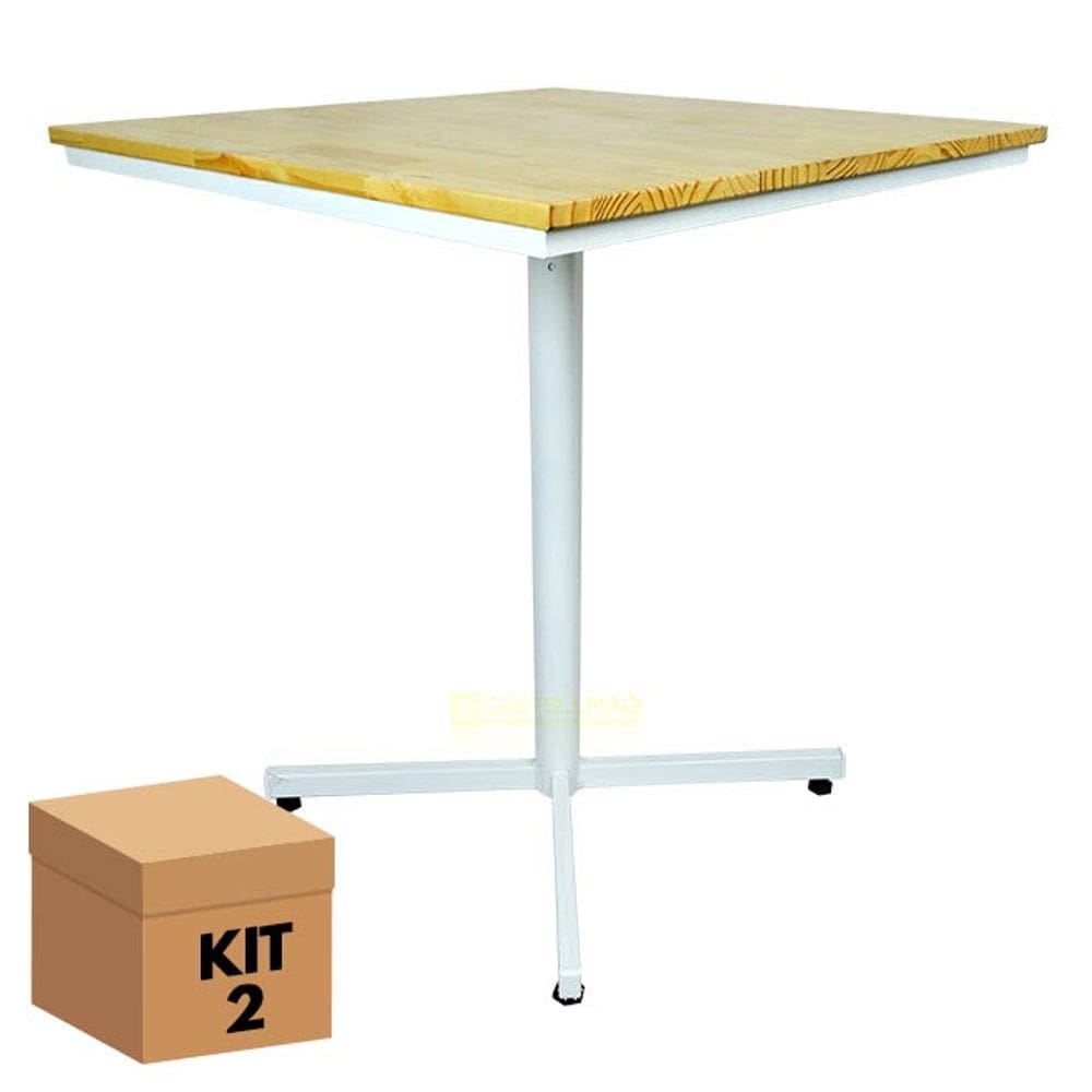Kit - 2 Mesas Design Industrial Base Branca Tampo Em Madeira Clara 70X70 P/ Restaurante