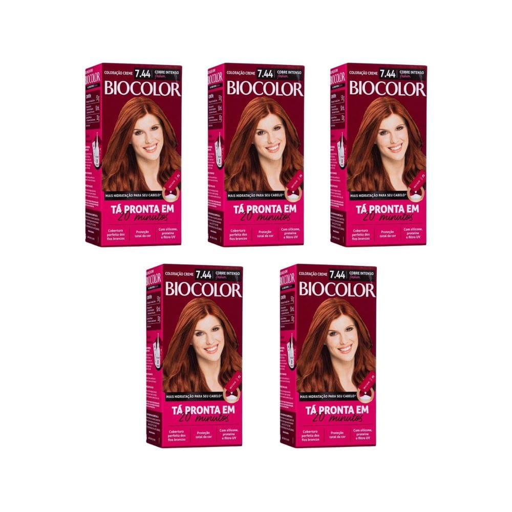 Coloraçao Biocolor Creme 7.44 Cobre Intenso - Kit C/5Un