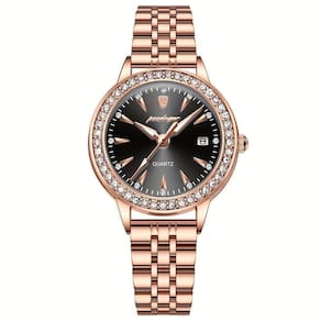 Relógio De Quartzo Elegante Para Mulheres Luxo Com Strass Pulseira De Aço Inoxidável Ouro Rosa Preto