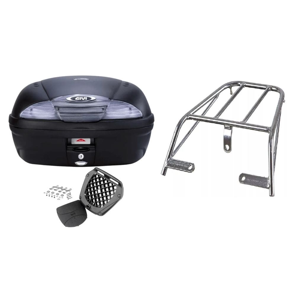 Kit Baú Moto 45L Givi E450nt + Bagageiro Cromado Ybr 125 2000 2001 2002 2003 2004 2005 2006 2007 2008