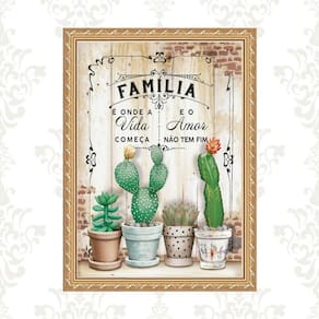 Quadro Moldura Dourada Frase Família - Cactos 45X34Cm