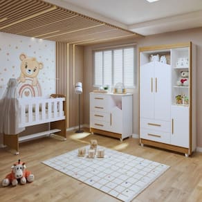 Quarto de Bebê Completo 100% MDF com Guarda-Roupa, Cômoda e Mini Berço Estelar Branco/Amadeirado